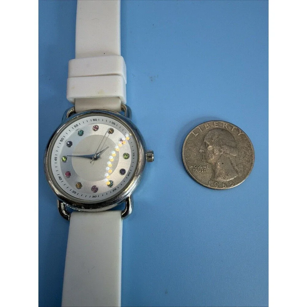 Women’s Quartz Watch White Strap Silver Case Multi-Color Rhinestone Markers SM